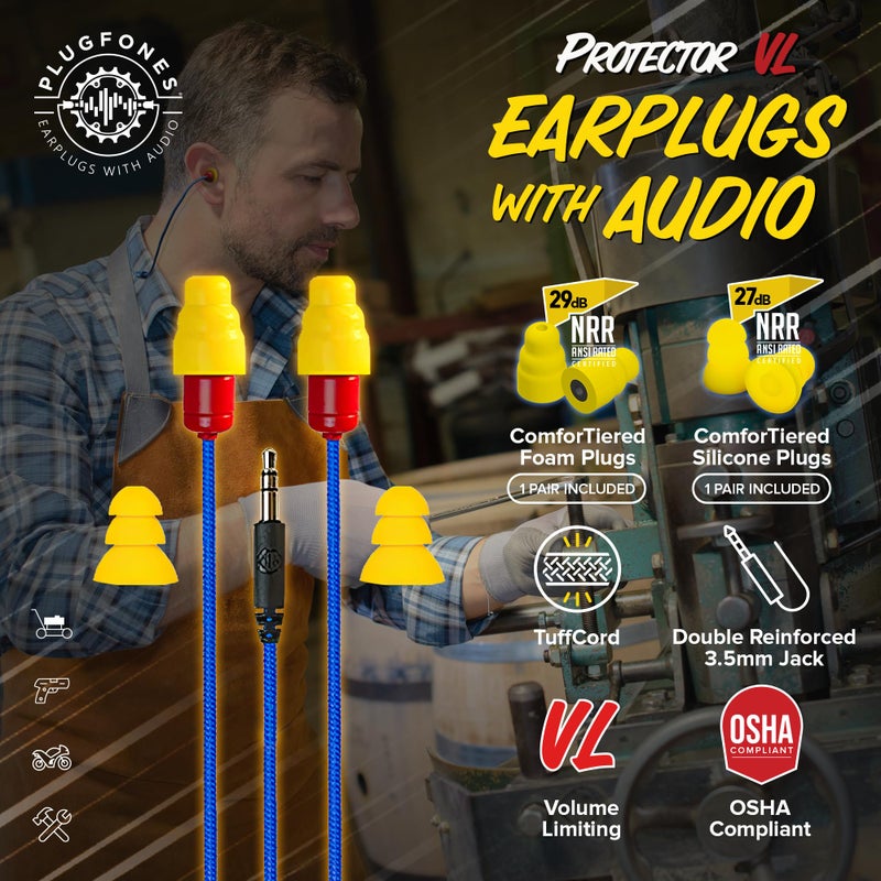 Plugfones Protector Volume Limited Audio Earbuds, OSHA Compliant Earplugs with Sound, Blue & Yellow - Image 2